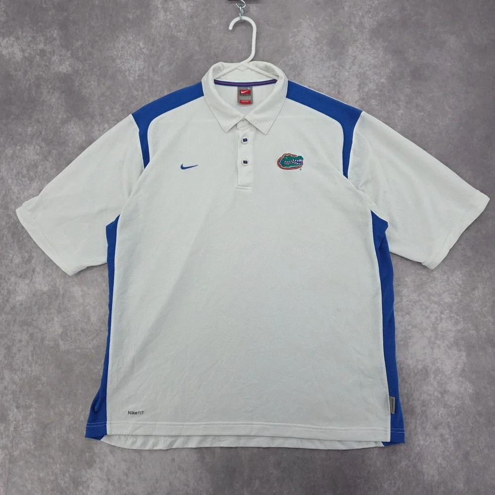 Vintage Florida Gators Nike Team Polo Shirt Mens L White Blue FIT DRY Athletic